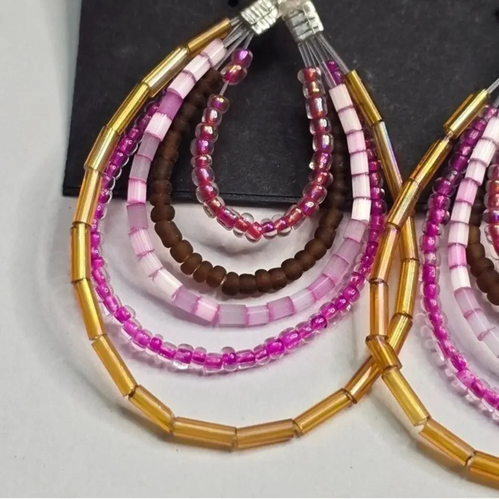 Treska Zevar Beaded Teardrop Earrings Multi Layer Pink Gold Brown Boho Statement